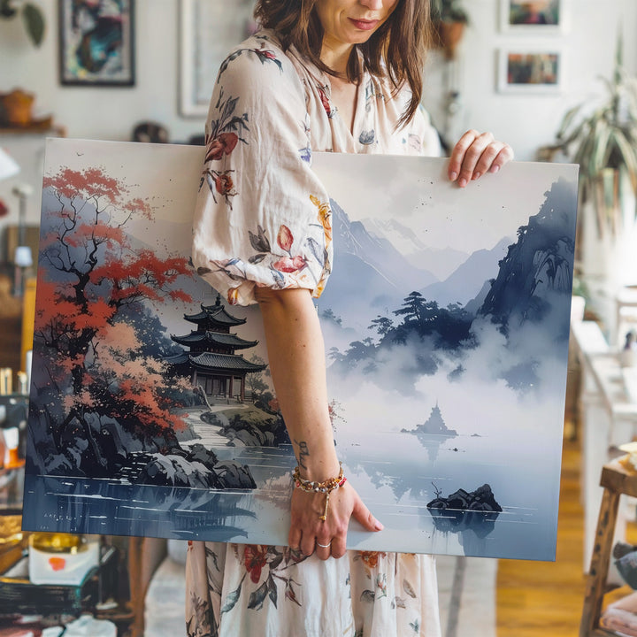 Temple Island in Autumn Canvas – Tranquil Eastern Mountain & Lake Art - Gifitto