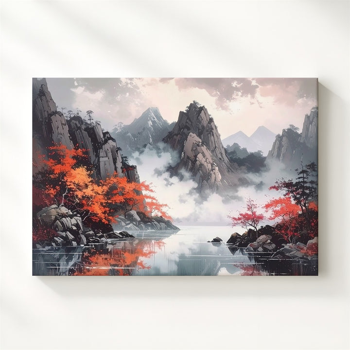 Autumn Peaks & Misty Lake Canvas – Dramatic Mountain Reflection Landscape Art - Gifitto