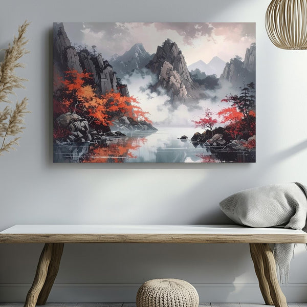 Autumn Peaks & Misty Lake Canvas – Dramatic Mountain Reflection Landscape Art - Gifitto
