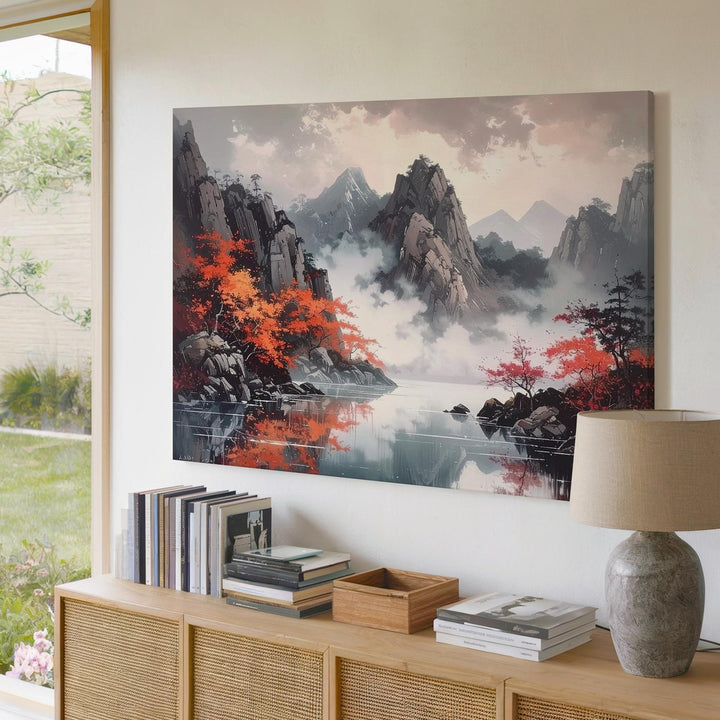 Autumn Peaks & Misty Lake Canvas – Dramatic Mountain Reflection Landscape Art - Gifitto