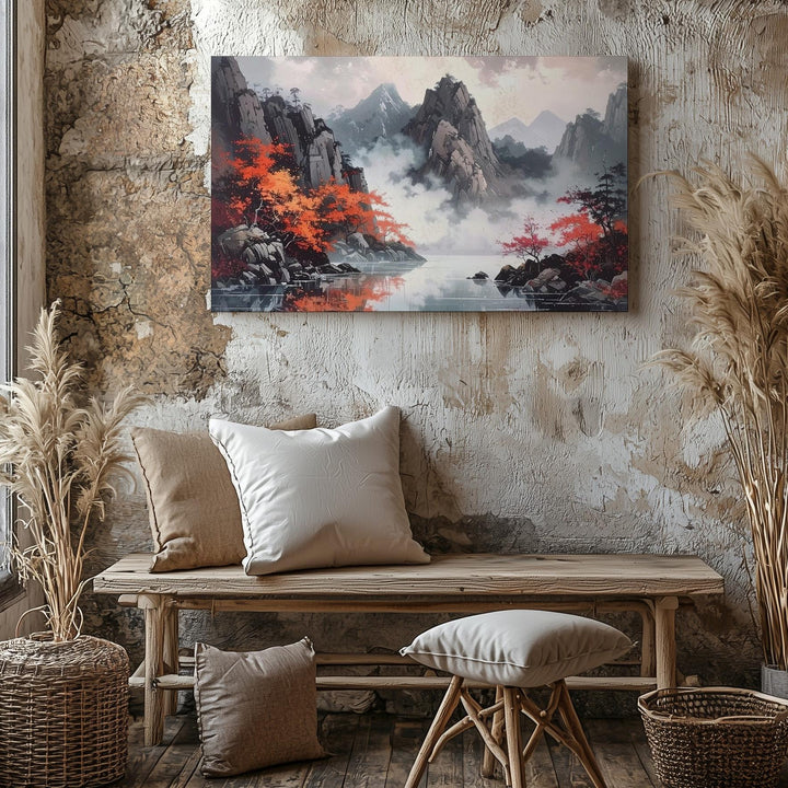 Autumn Peaks & Misty Lake Canvas – Dramatic Mountain Reflection Landscape Art - Gifitto