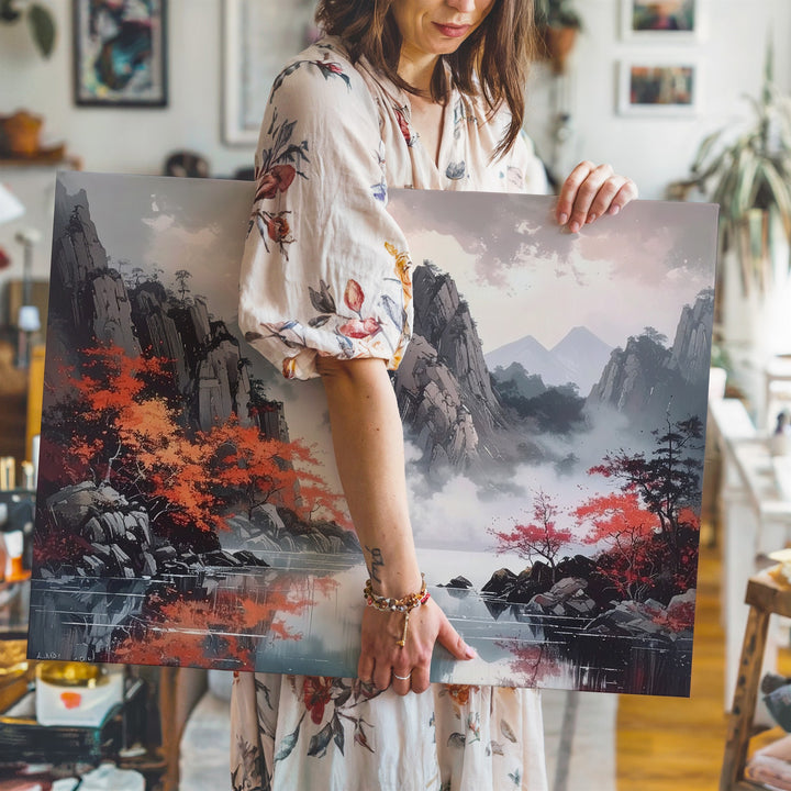 Autumn Peaks & Misty Lake Canvas – Dramatic Mountain Reflection Landscape Art - Gifitto