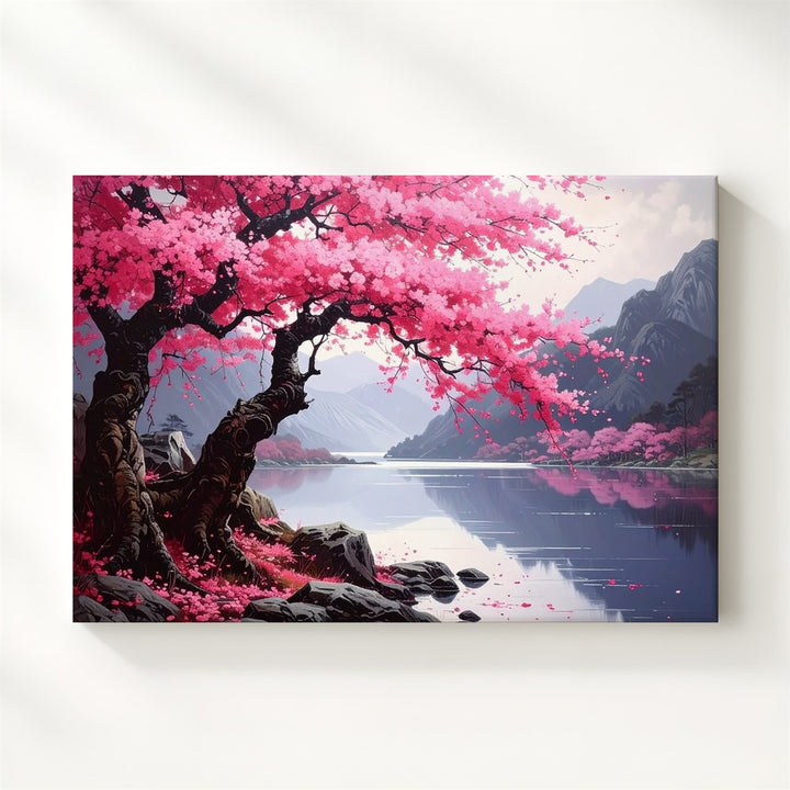 Cherry Blossom Over Still Lake Canvas – Vertical Zen Serenity Wall Art - Gifitto