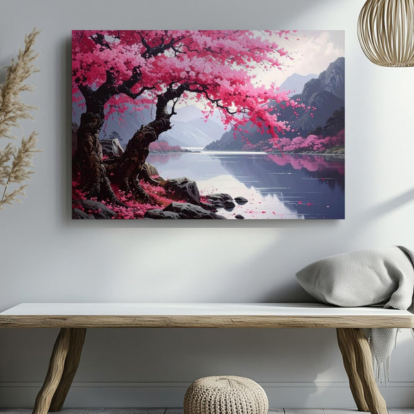 Cherry Blossom Over Still Lake Canvas – Vertical Zen Serenity Wall Art - Gifitto