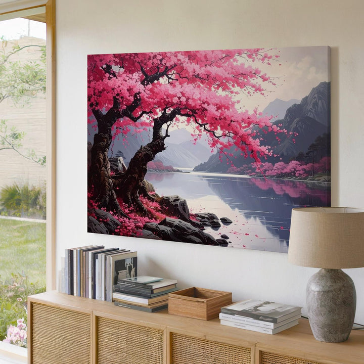 Cherry Blossom Over Still Lake Canvas – Vertical Zen Serenity Wall Art - Gifitto