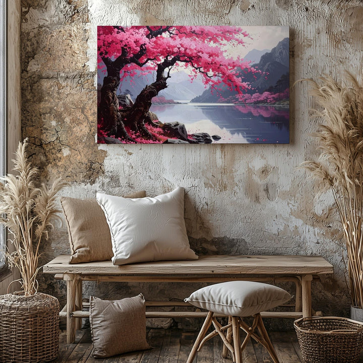 Cherry Blossom Over Still Lake Canvas – Vertical Zen Serenity Wall Art - Gifitto