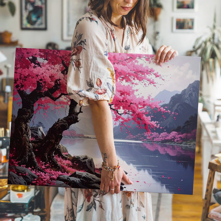 Cherry Blossom Over Still Lake Canvas – Vertical Zen Serenity Wall Art - Gifitto