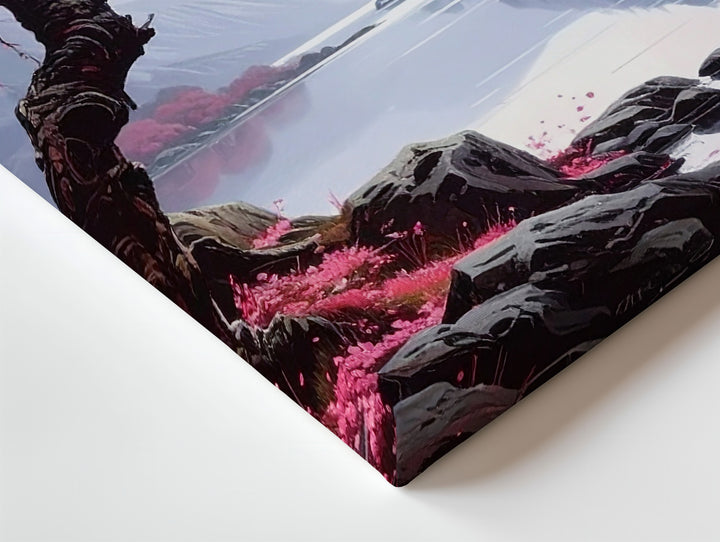Cherry Blossom Over Still Lake Canvas – Vertical Zen Serenity Wall Art - Gifitto