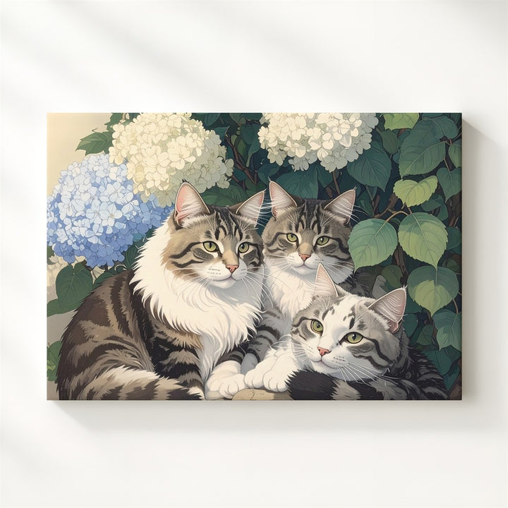 Tabby Cats & Hydrangeas Canvas – Vintage Botanical Garden Companionship Art - Gifitto