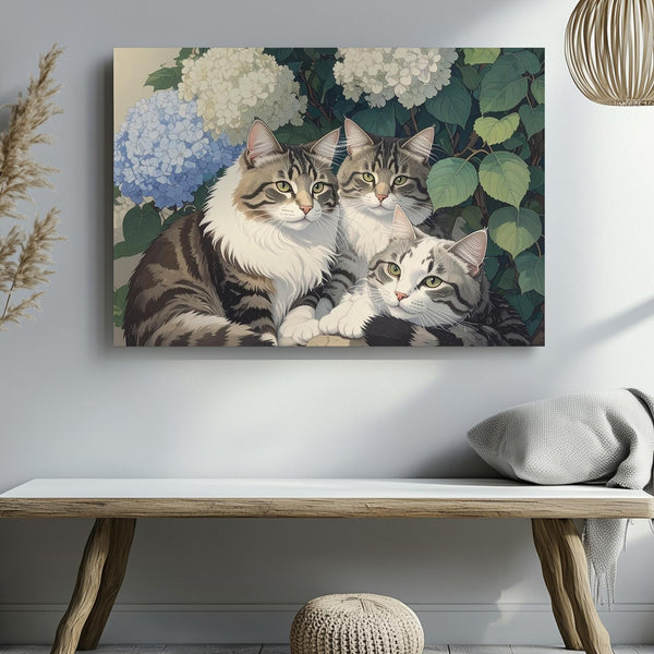 Tabby Cats & Hydrangeas Canvas – Vintage Botanical Garden Companionship Art - Gifitto