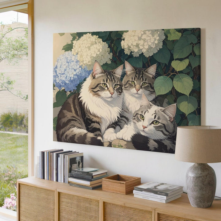 Tabby Cats & Hydrangeas Canvas – Vintage Botanical Garden Companionship Art - Gifitto