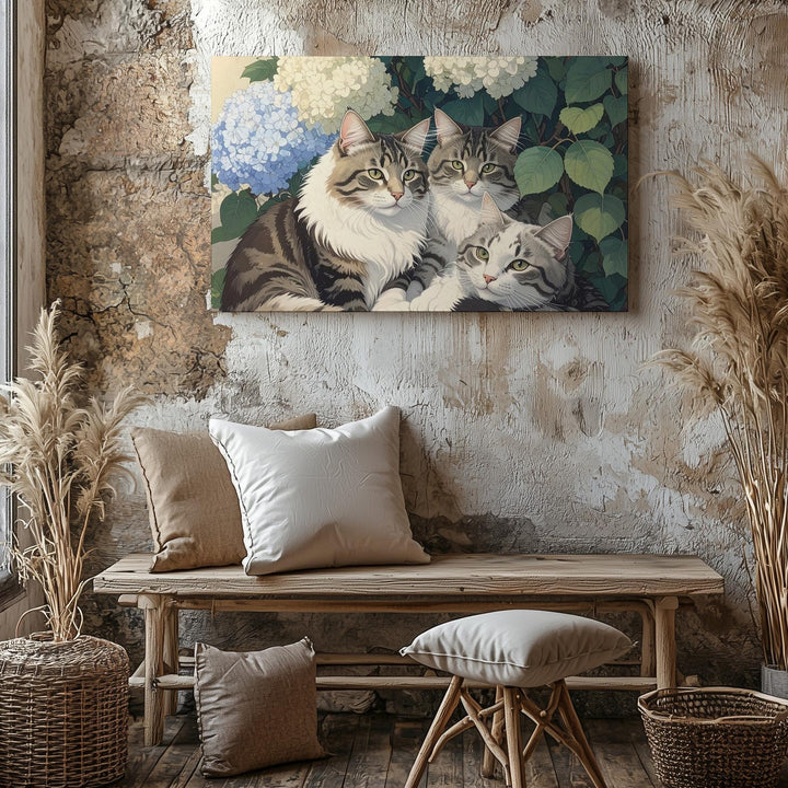 Tabby Cats & Hydrangeas Canvas – Vintage Botanical Garden Companionship Art - Gifitto