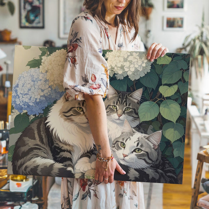Tabby Cats & Hydrangeas Canvas – Vintage Botanical Garden Companionship Art - Gifitto