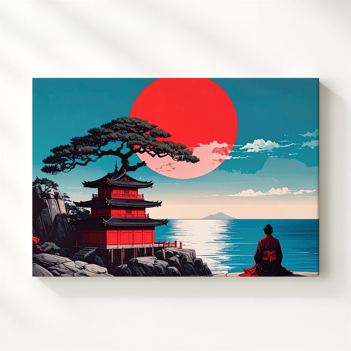 Red Sun & Pagoda Canvas – Minimalist Japanese Reflection Landscape Art - Gifitto