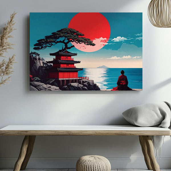 Red Sun & Pagoda Canvas – Minimalist Japanese Reflection Landscape Art - Gifitto