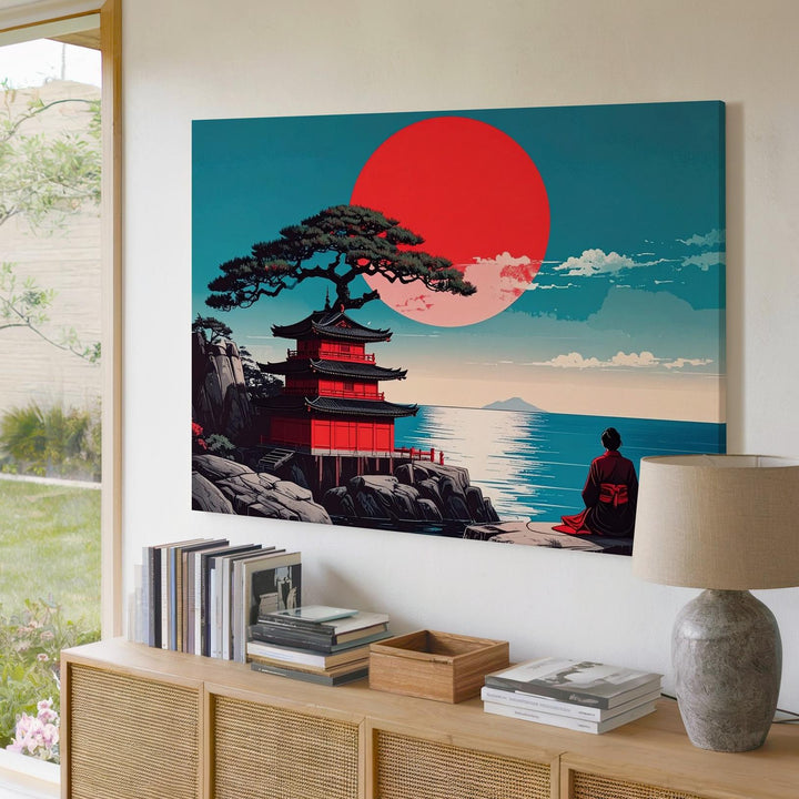 Red Sun & Pagoda Canvas – Minimalist Japanese Reflection Landscape Art - Gifitto