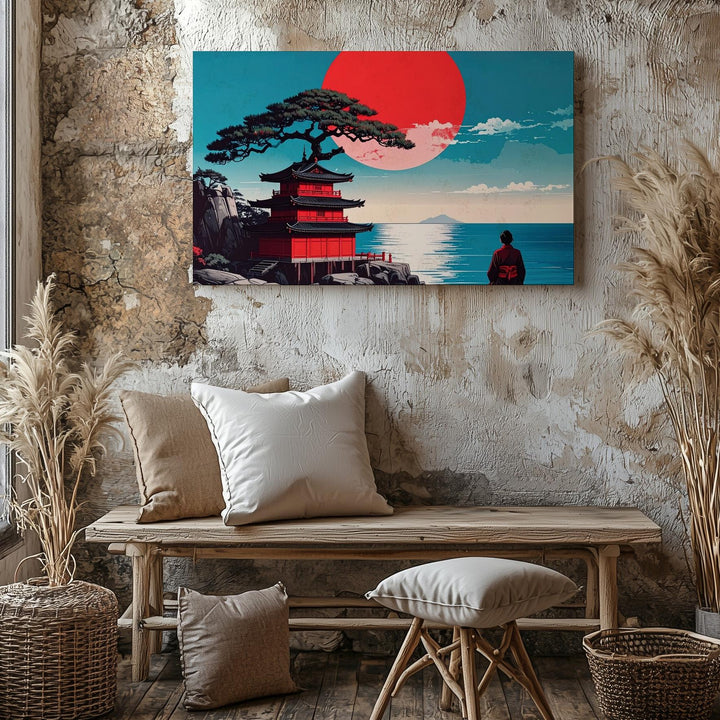 Red Sun & Pagoda Canvas – Minimalist Japanese Reflection Landscape Art - Gifitto