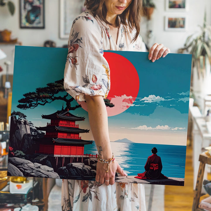 Red Sun & Pagoda Canvas – Minimalist Japanese Reflection Landscape Art - Gifitto