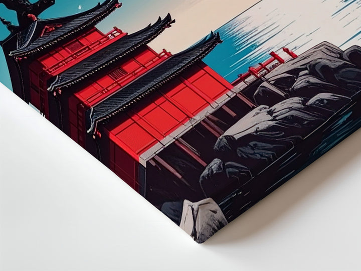Red Sun & Pagoda Canvas – Minimalist Japanese Reflection Landscape Art - Gifitto