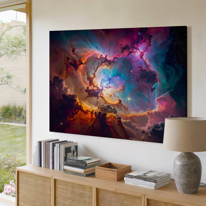 Nebula Vortex Canvas – Explosive Stellar Eye in Red, Teal & Gold - Gifitto