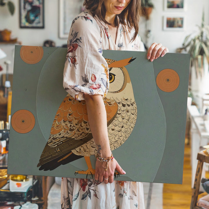 Geometric Owl Canvas – Mid-Century Modern Folk Art Wall Decor - Gifitto