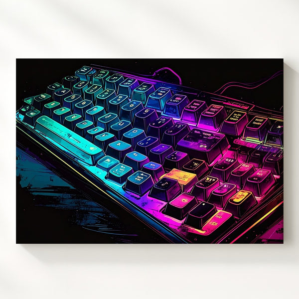 Neon Mechanical Keyboard Canvas – Futuristic Cyberpunk Tech Wall Art - Gifitto