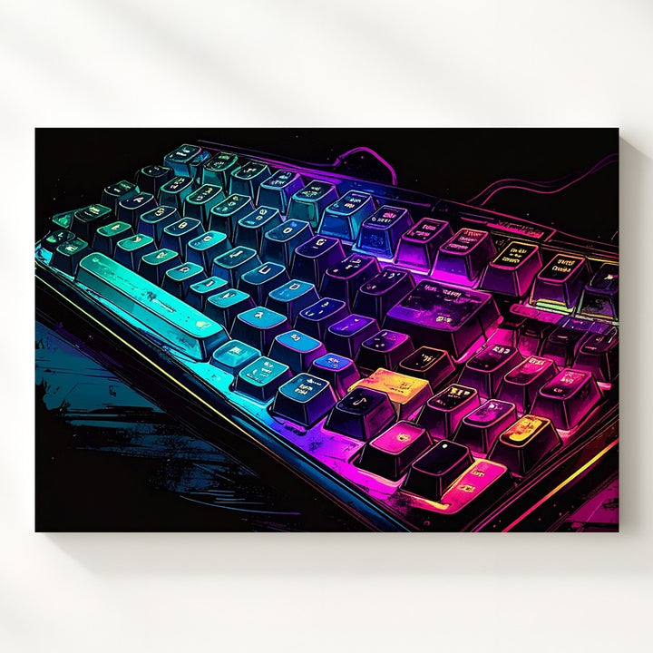 Neon Mechanical Keyboard Canvas – Futuristic Cyberpunk Tech Wall Art - Gifitto