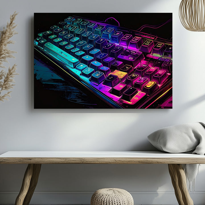 Neon Mechanical Keyboard Canvas – Futuristic Cyberpunk Tech Wall Art - Gifitto
