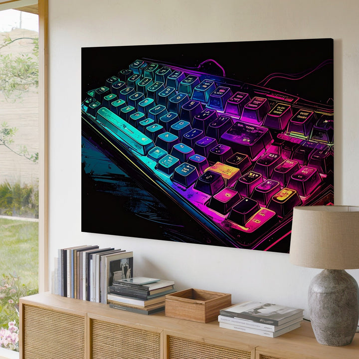 Neon Mechanical Keyboard Canvas – Futuristic Cyberpunk Tech Wall Art - Gifitto