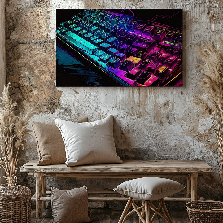 Neon Mechanical Keyboard Canvas – Futuristic Cyberpunk Tech Wall Art - Gifitto
