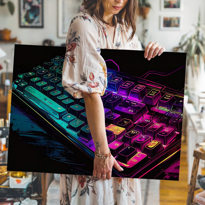 Neon Mechanical Keyboard Canvas – Futuristic Cyberpunk Tech Wall Art - Gifitto