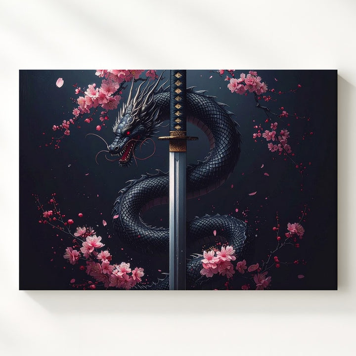 Dragon & Cherry Blossom Katana Canvas – Mythic Samurai Symbolism Wall Art - Gifitto