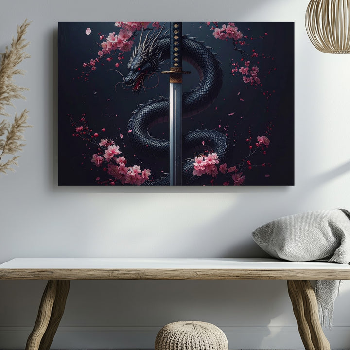 Dragon & Cherry Blossom Katana Canvas – Mythic Samurai Symbolism Wall Art - Gifitto