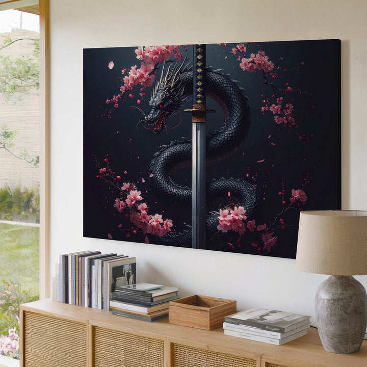 Dragon & Cherry Blossom Katana Canvas – Mythic Samurai Symbolism Wall Art - Gifitto
