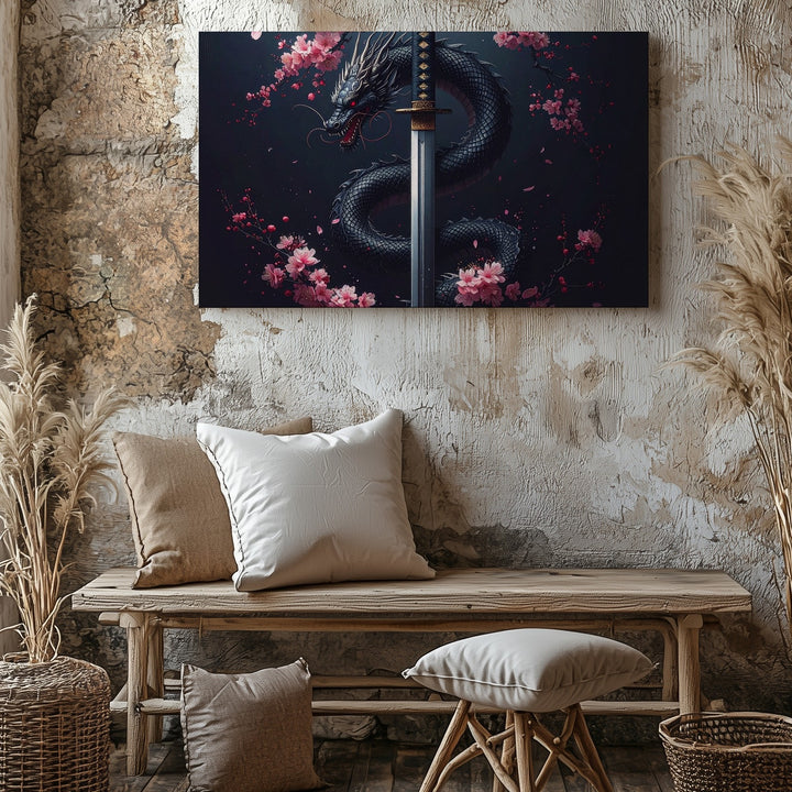 Dragon & Cherry Blossom Katana Canvas – Mythic Samurai Symbolism Wall Art - Gifitto