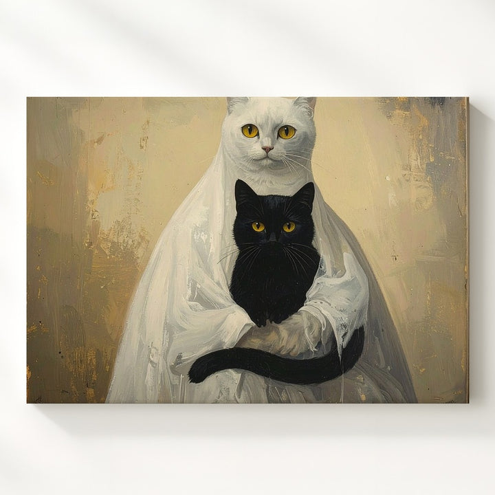 Ghostly Cats Canvas – Surreal Feline Figures in Eerie White Sheet Costume - Gifitto