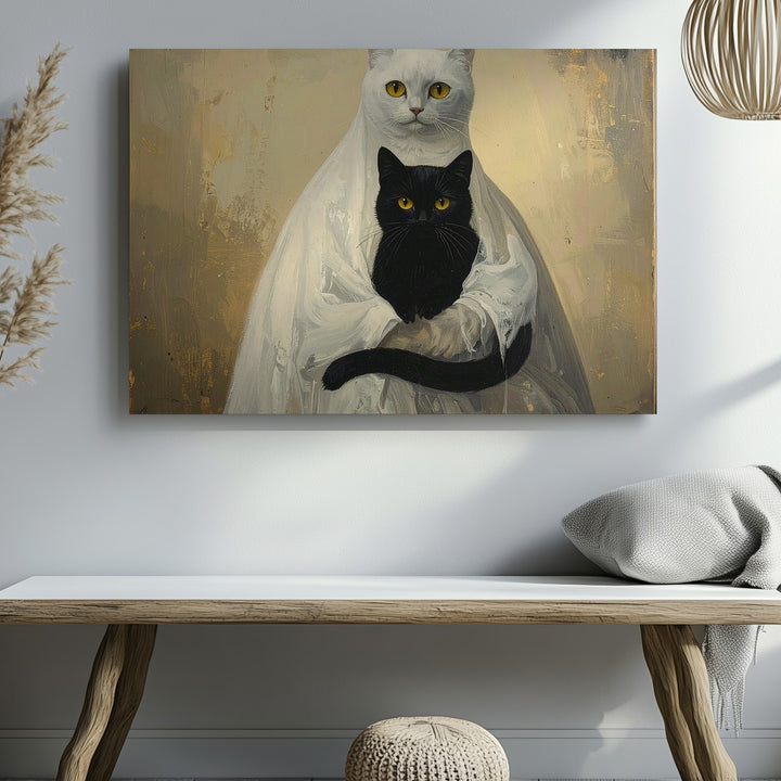 Ghostly Cats Canvas – Surreal Feline Figures in Eerie White Sheet Costume - Gifitto