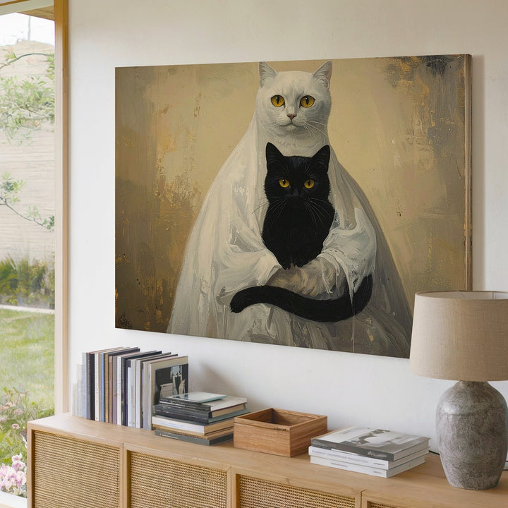 Ghostly Cats Canvas – Surreal Feline Figures in Eerie White Sheet Costume - Gifitto