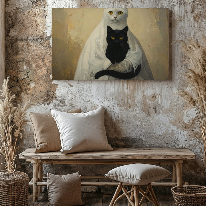 Ghostly Cats Canvas – Surreal Feline Figures in Eerie White Sheet Costume - Gifitto