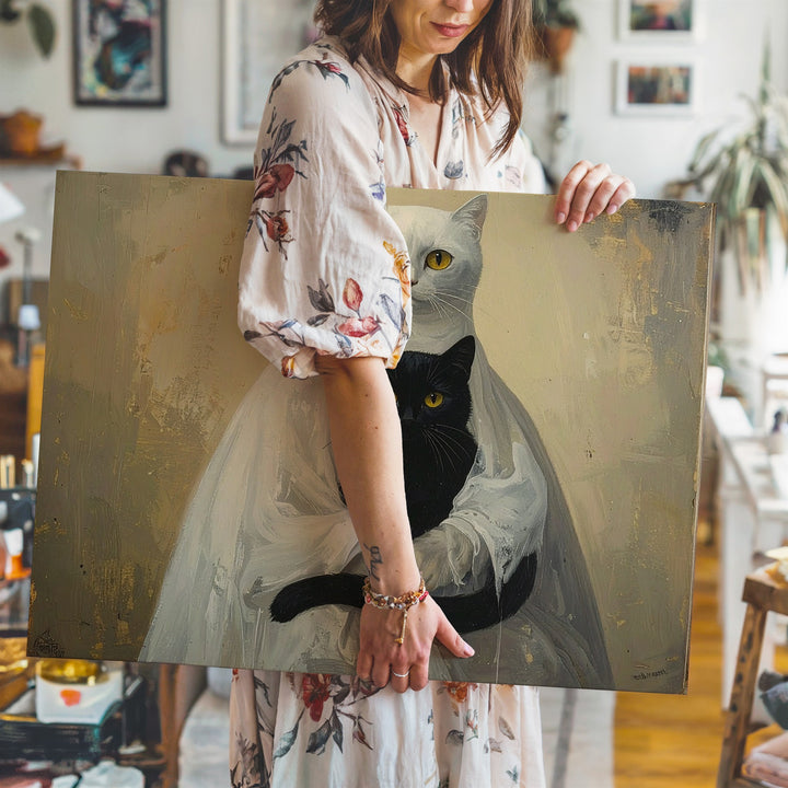 Ghostly Cats Canvas – Surreal Feline Figures in Eerie White Sheet Costume - Gifitto