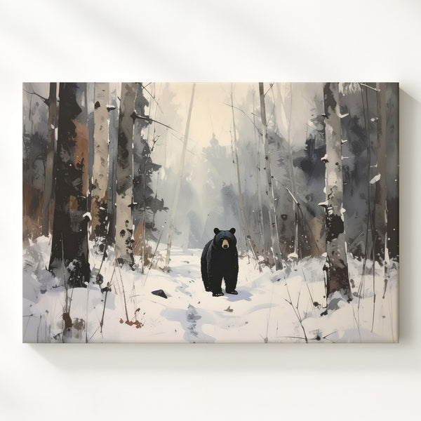 Black Bear in Snowy Forest Canvas – Moody Winter Wilderness Wall Art