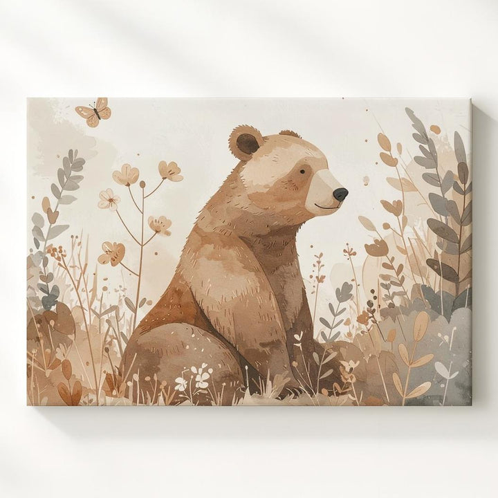 Serene Brown Bear with Wildflowers Canvas – Nature-Inspired Nursery Wall Art - Gifitto