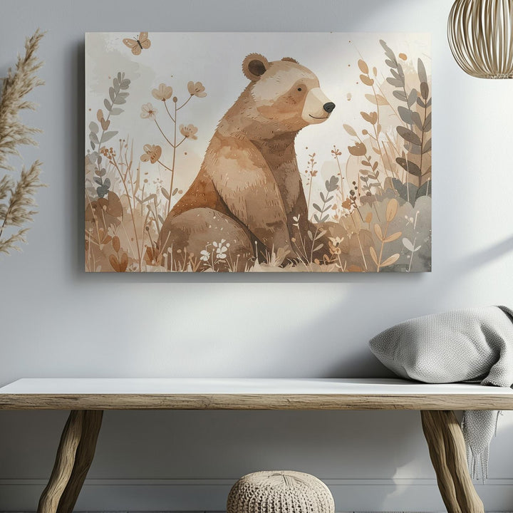 Serene Brown Bear with Wildflowers Canvas – Nature-Inspired Nursery Wall Art - Gifitto