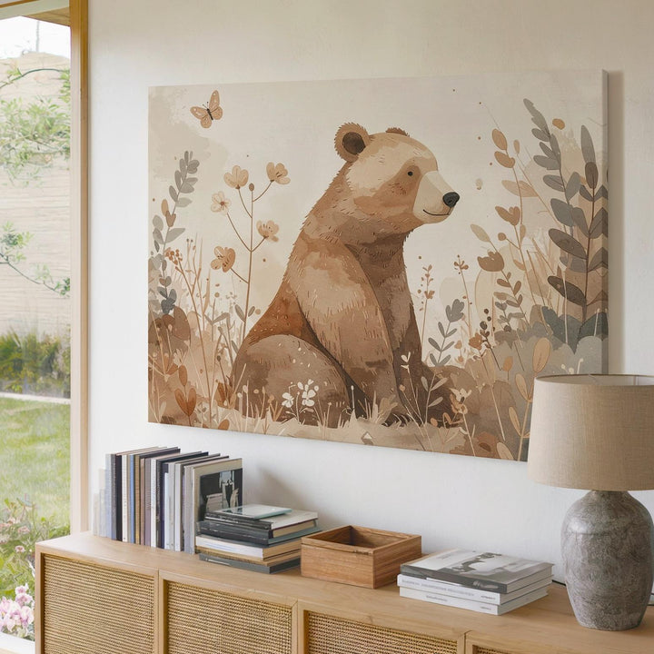 Serene Brown Bear with Wildflowers Canvas – Nature-Inspired Nursery Wall Art - Gifitto