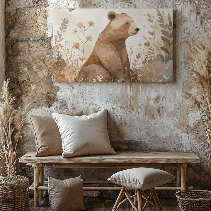 Serene Brown Bear with Wildflowers Canvas – Nature-Inspired Nursery Wall Art - Gifitto