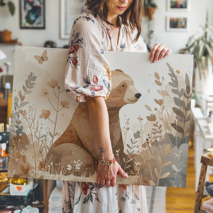 Serene Brown Bear with Wildflowers Canvas – Nature-Inspired Nursery Wall Art - Gifitto