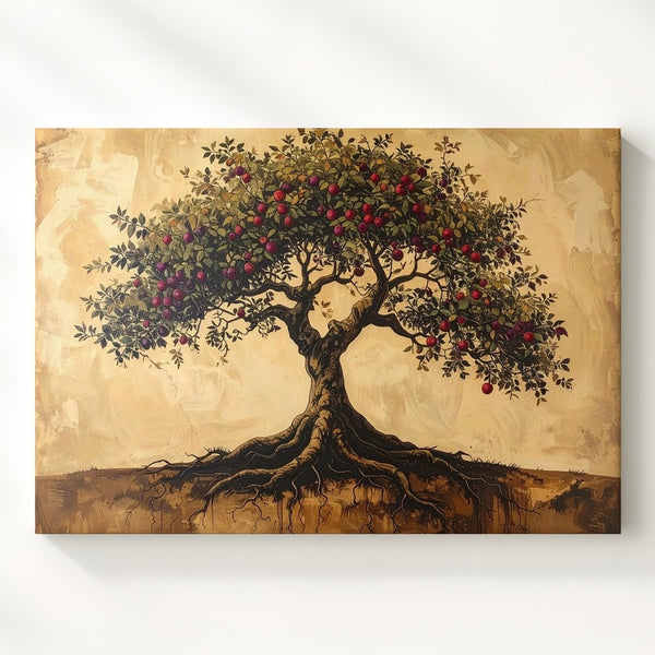 Tree of Life Canvas – Symbolic Fruit Tree with Deep Roots on Parchment Background - Gifitto