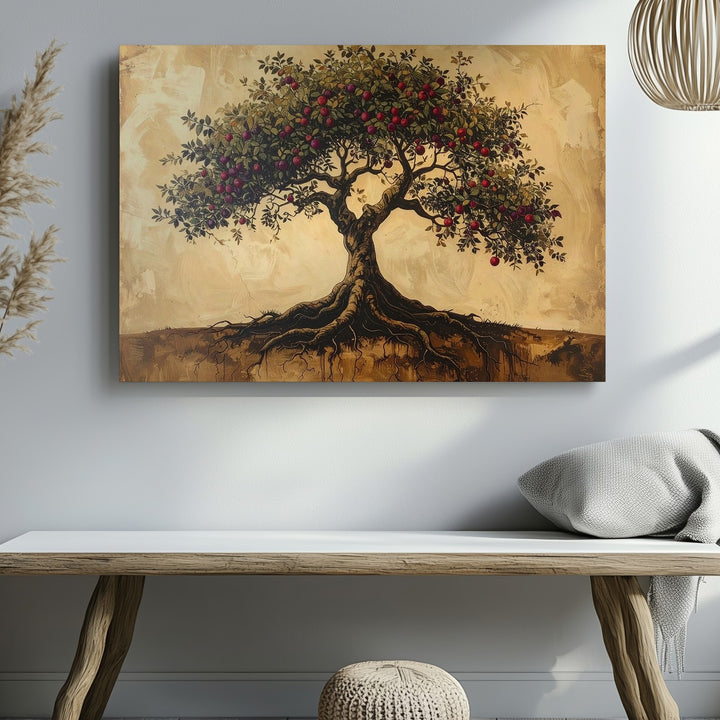Tree of Life Canvas – Symbolic Fruit Tree with Deep Roots on Parchment Background - Gifitto