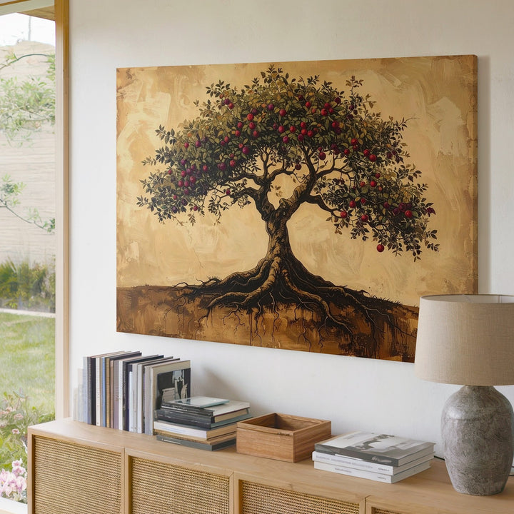 Tree of Life Canvas – Symbolic Fruit Tree with Deep Roots on Parchment Background - Gifitto