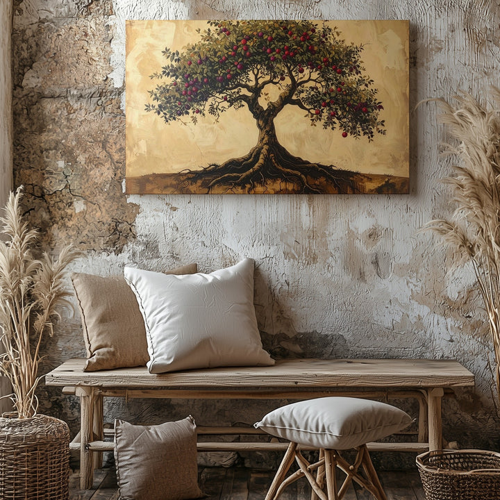 Tree of Life Canvas – Symbolic Fruit Tree with Deep Roots on Parchment Background - Gifitto